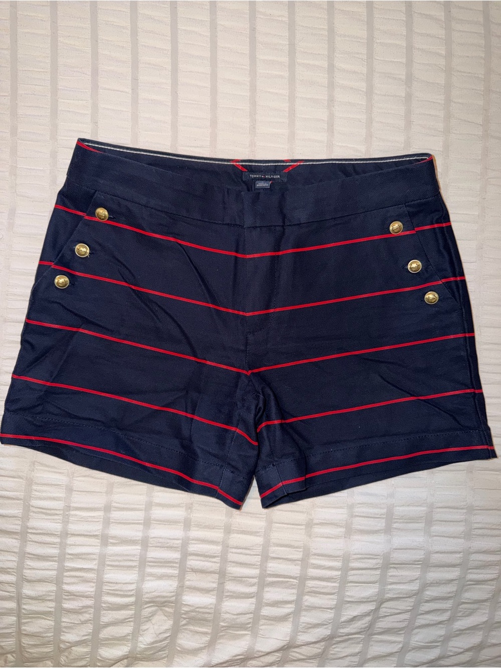Tommy Hilfiger Nautica Navy Shorts with Red Stripes and Gold Buttons